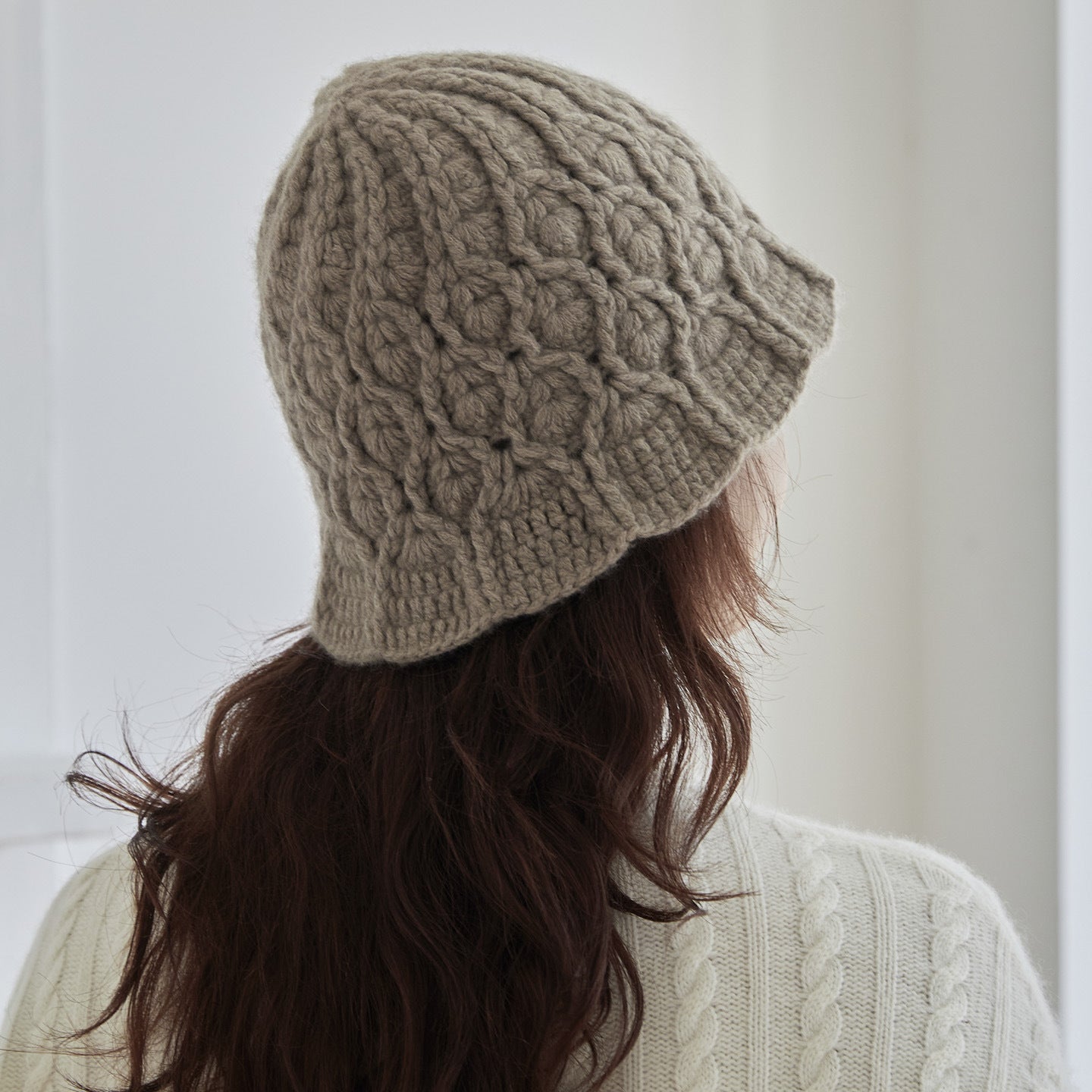 Chunky Cashmere Bucket Hat Cashmere Hat Flared Brim Cashmere Cloche Hat Taupe M