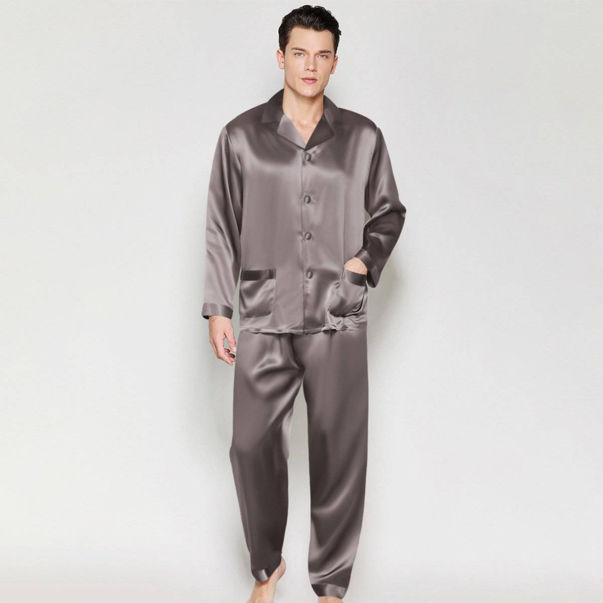 Classic Men Long Silk Pajama Set Real Pure Silk Pajamas Dark Gray XS