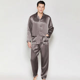 Classic Men Long Silk Pajama Set Real Pure Silk Pajamas Dark Gray XS