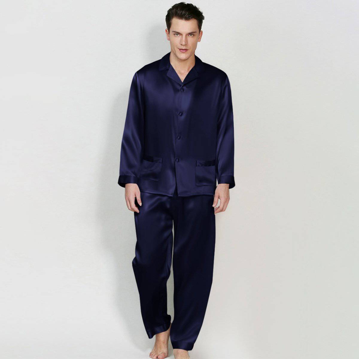 Classic Men Long Silk Pajama Set Real Pure Silk Pajamas Navy Blue XS
