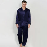 Classic Men Long Silk Pajama Set Real Pure Silk Pajamas Navy Blue XS