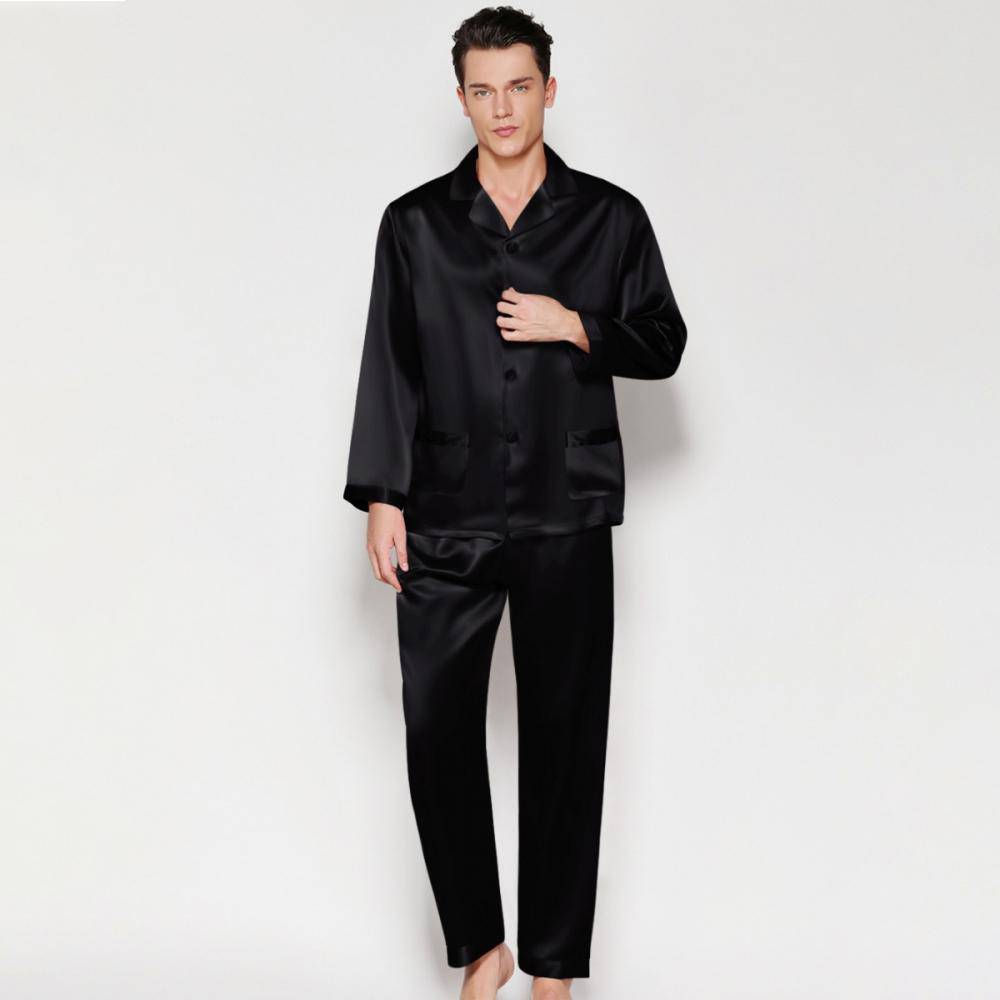Classic Men Long Silk Pajama Set Real Pure Silk Pajamas Black XS