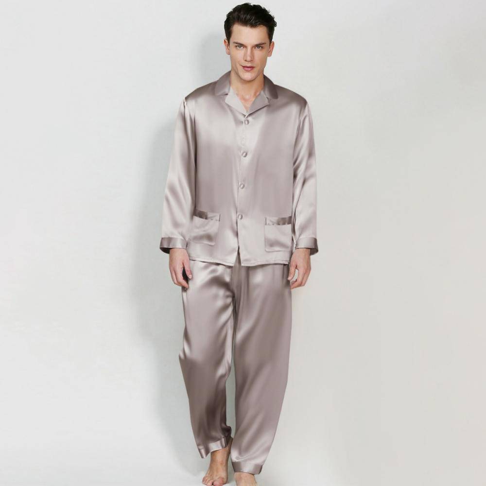 Classic Men Long Silk Pajama Set Real Pure Silk Pajamas Silver Gray XS