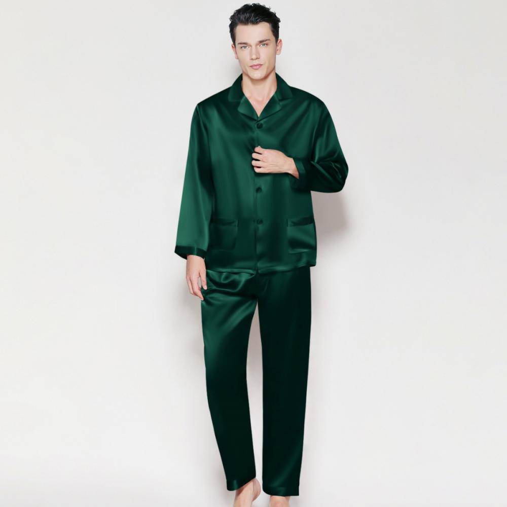 Classic Men Long Silk Pajama Set Real Pure Silk Pajamas Dark Green XS