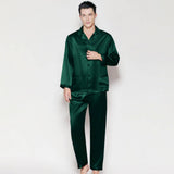 Classic Men Long Silk Pajama Set Real Pure Silk Pajamas Dark Green XS