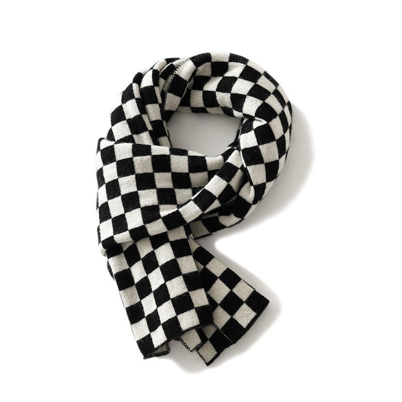 Pure Cashmere Checkerboard Scarf Stylish Cashmere Knit Wrap Black M