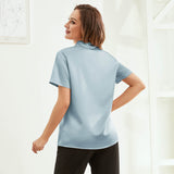 Classic Short Womens Silk Blouse Silk Button Down Shirt Haze Blue XS