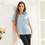 Classic Short Womens Silk Blouse Silk Button Down Shirt Haze Blue XS