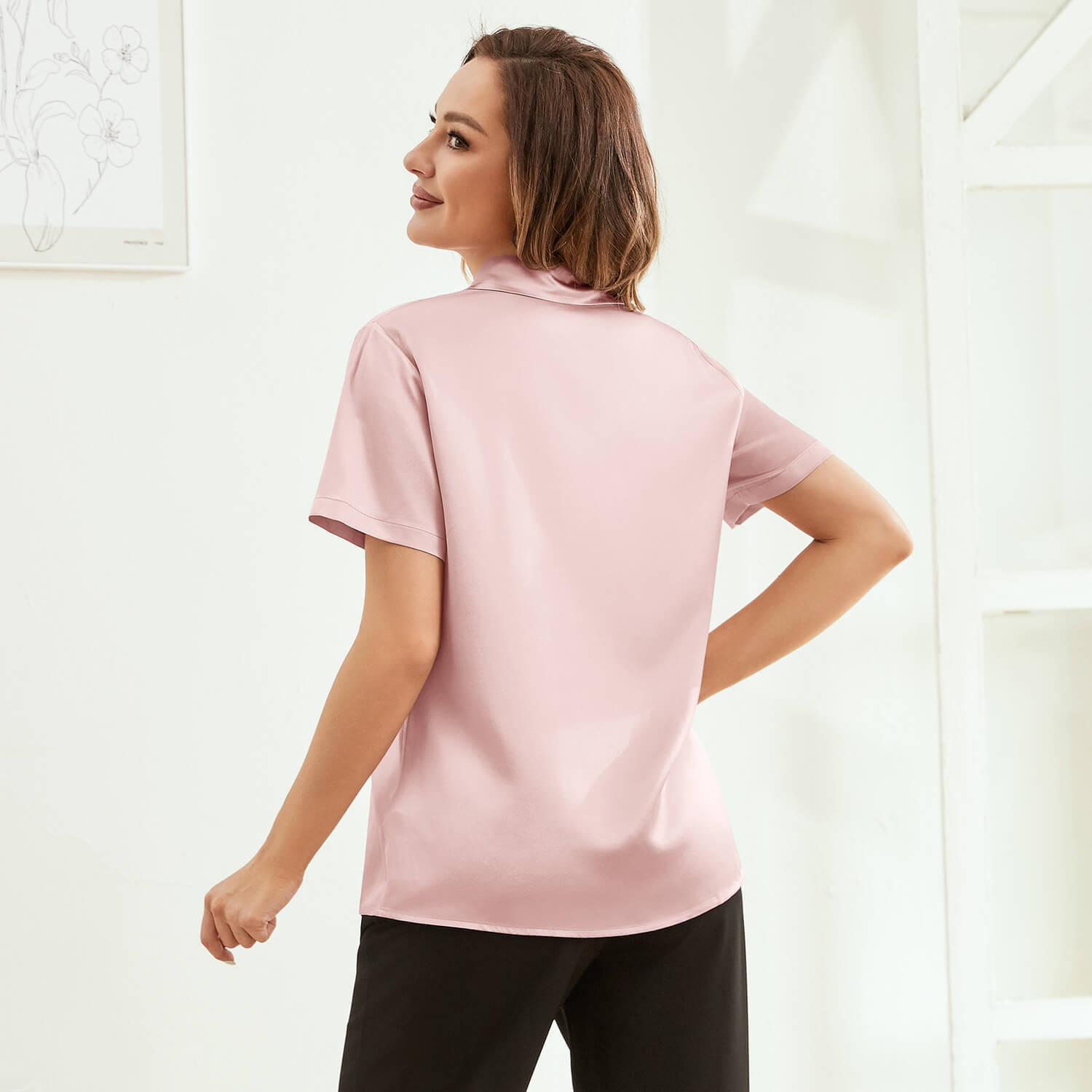 Classic Short Womens Silk Blouse Silk Button Down Shirt Rosy Pink XS