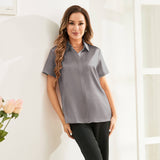 Classic Short Womens Silk Blouse Silk Button Down Shirt Dark Gray XS