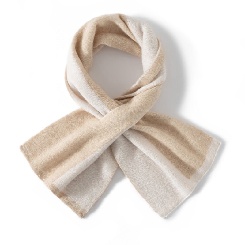 Color Contrast Pure Cashmere Scarf for Women Cashmere Crossover Scarf Beige + Ivory M
