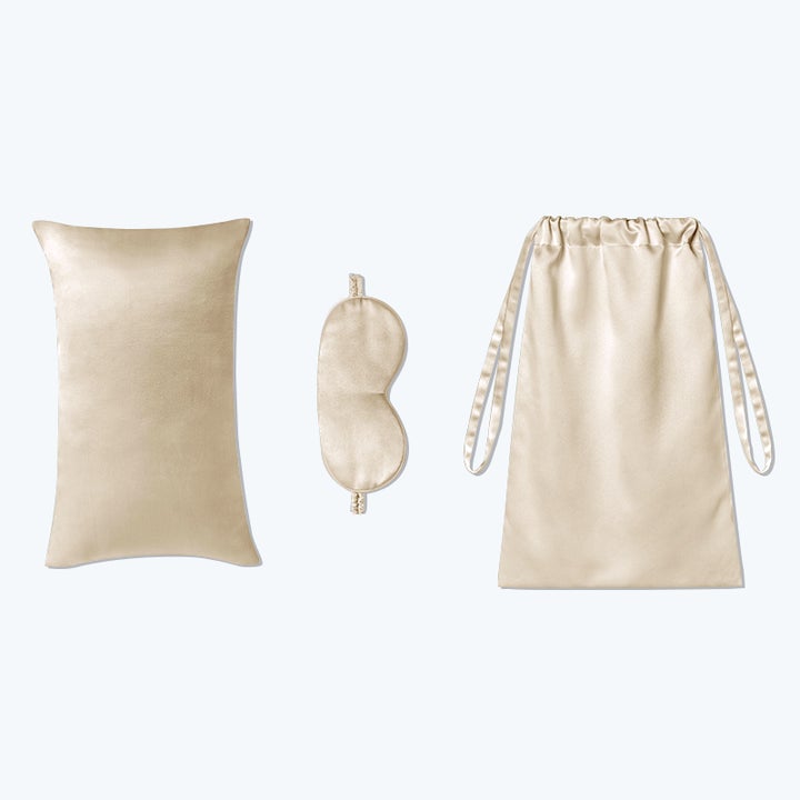3 Pcs Silk Travel Set Cushion Eye Mask And Storage Bag Champagne M