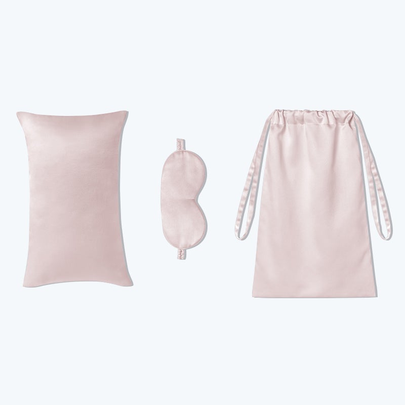 3 Pcs Silk Travel Set Cushion Eye Mask And Storage Bag Pink M