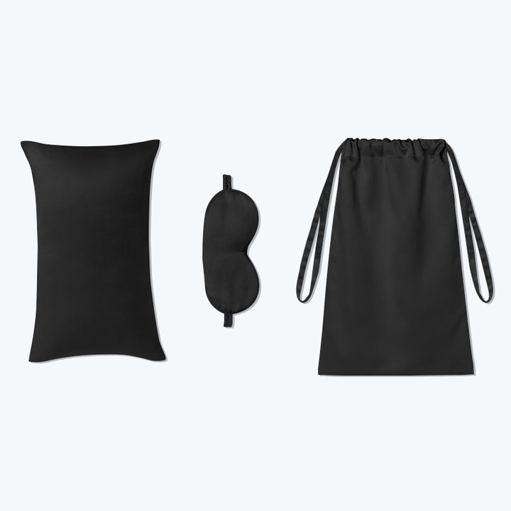 3 Pcs Silk Travel Set Cushion Eye Mask And Storage Bag Black M
