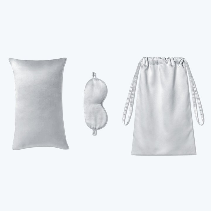 3 Pcs Silk Travel Set Cushion Eye Mask And Storage Bag Gray M
