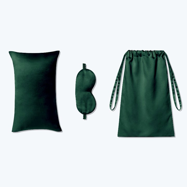 3 Pcs Silk Travel Set Cushion Eye Mask And Storage Bag Green M
