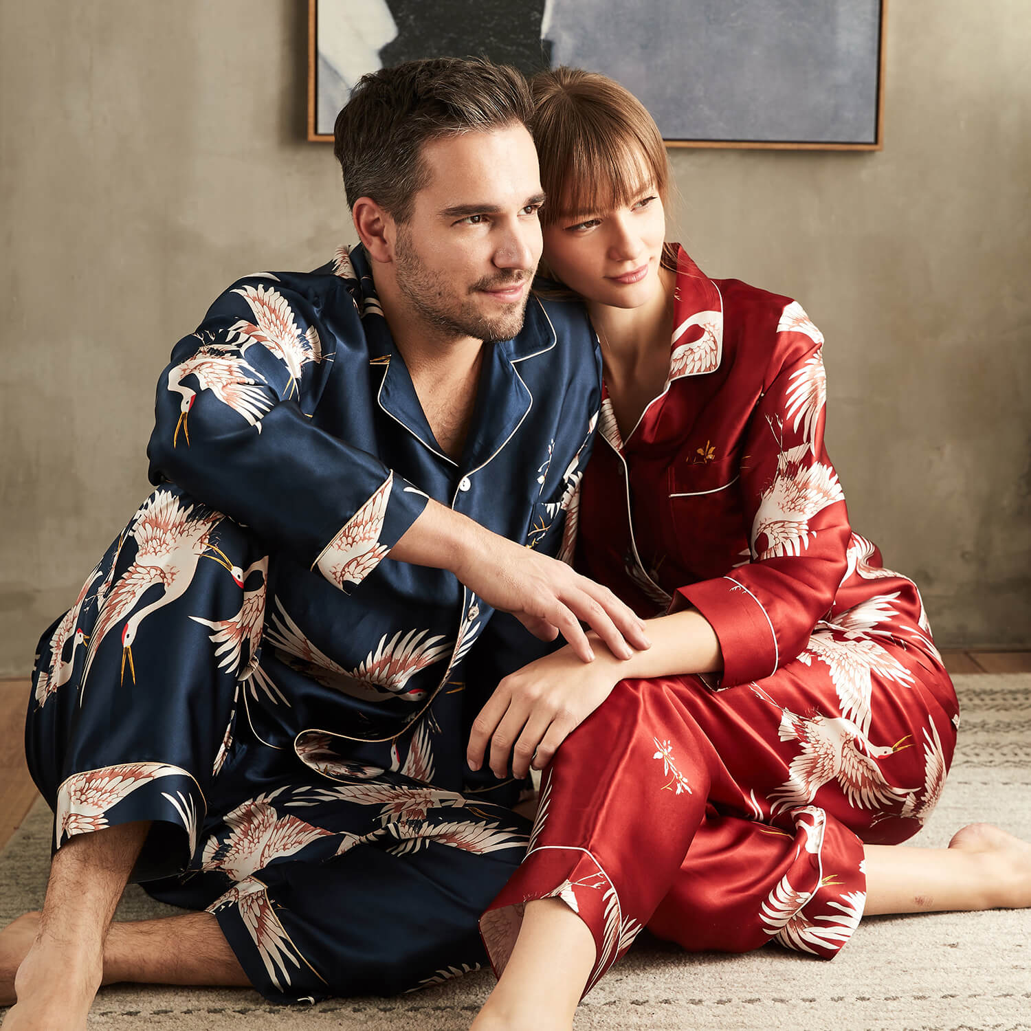 Long Crane Printed Silk Pajamas Set For Couples Red XS