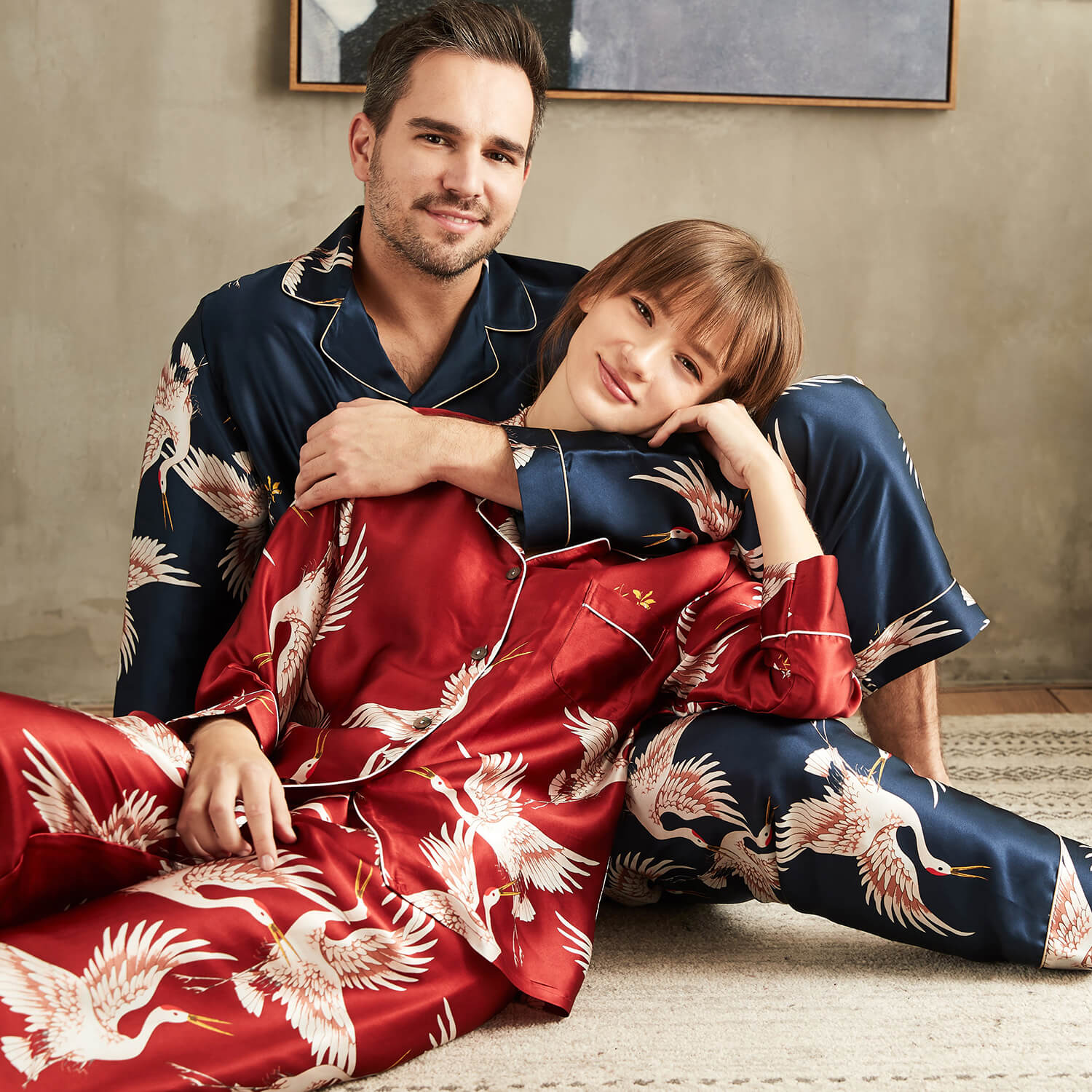 Long Crane Printed Silk Pajamas Set For Couples Red XS