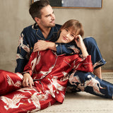 Long Crane Printed Silk Pajamas Set For Couples Red XS