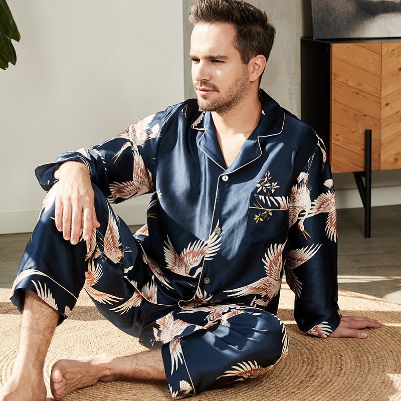 Long Crane Printed Silk Pajamas Set For Couples Red XS