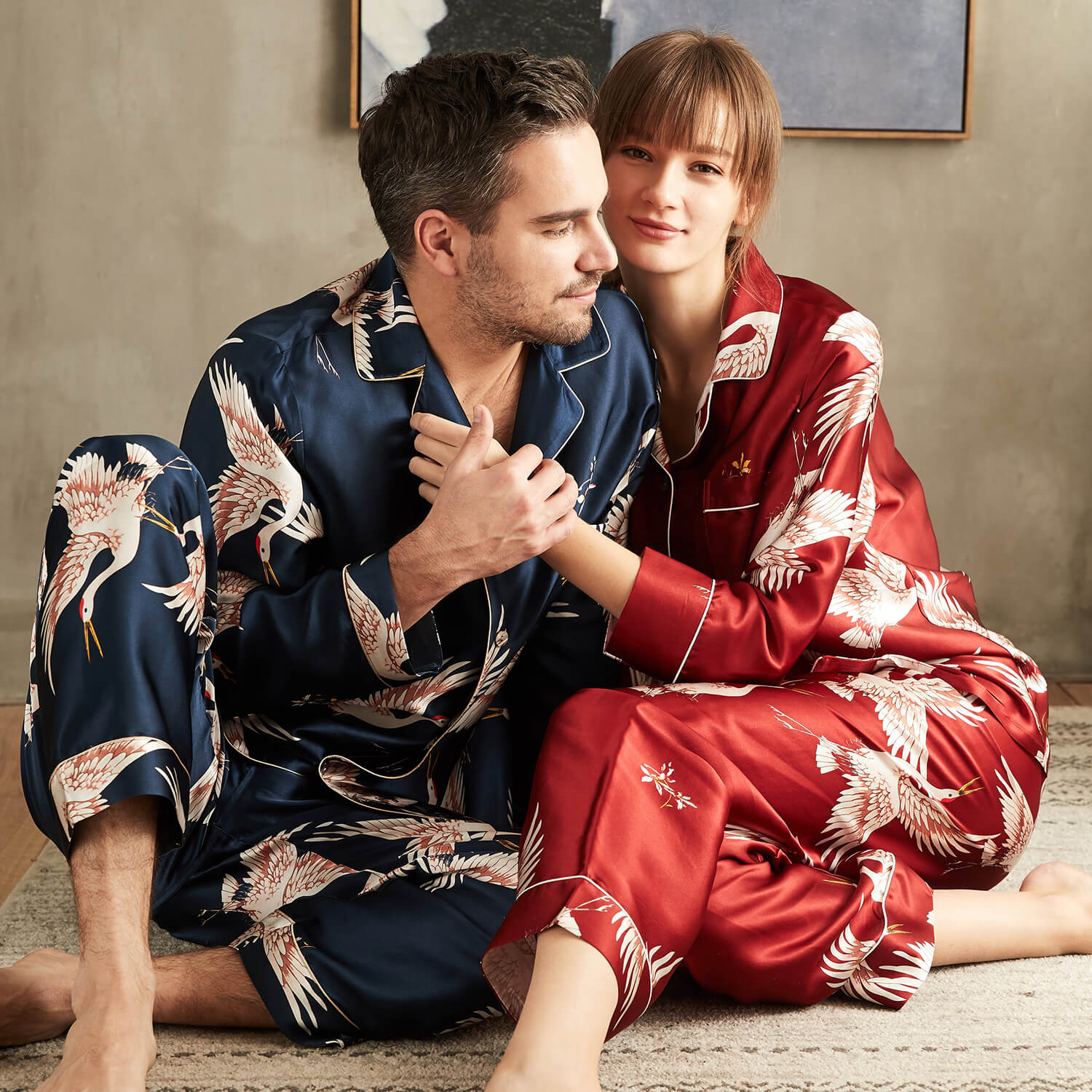 Long Crane Printed Silk Pajamas Set For Couples Red XS