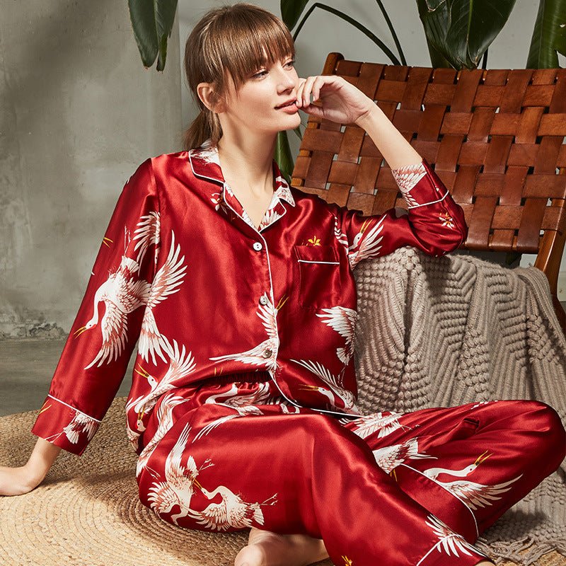 Long Crane Printed Silk Pajamas Set For Couples Red XS
