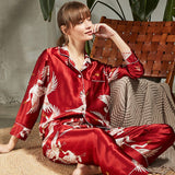 Long Crane Printed Silk Pajamas Set For Couples Red XS
