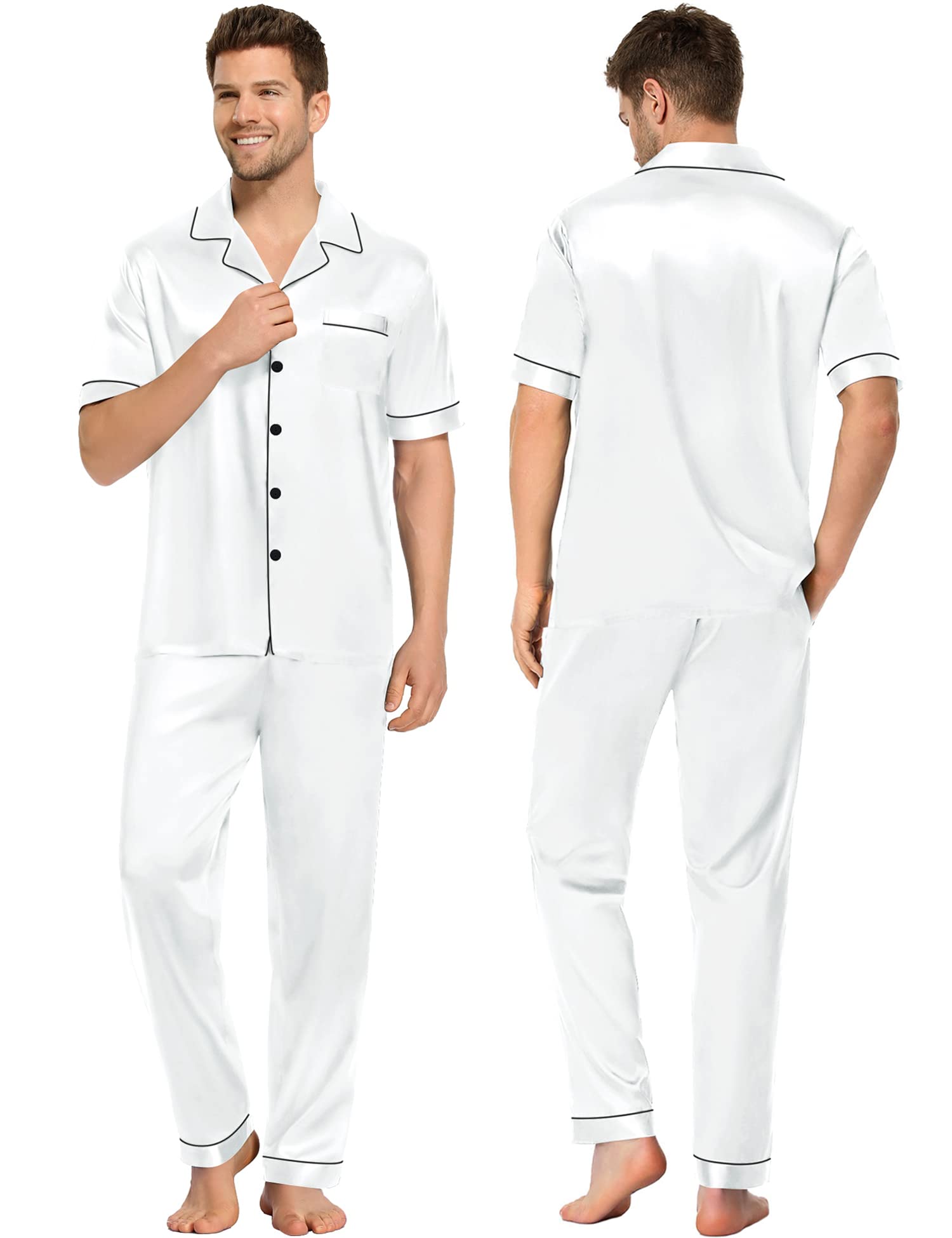 Silk Pajama Set Short Sleeve Silk Pajamas 4pcs For Mens & Womens White XS