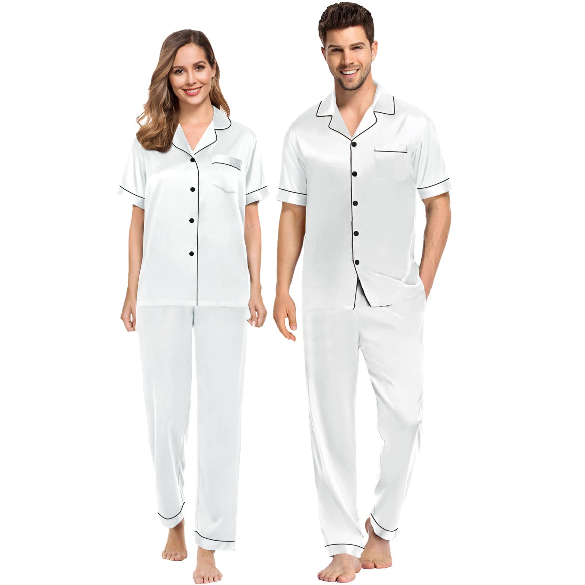Silk Pajama Set Short Sleeve Silk Pajamas 4pcs For Mens & Womens White XS