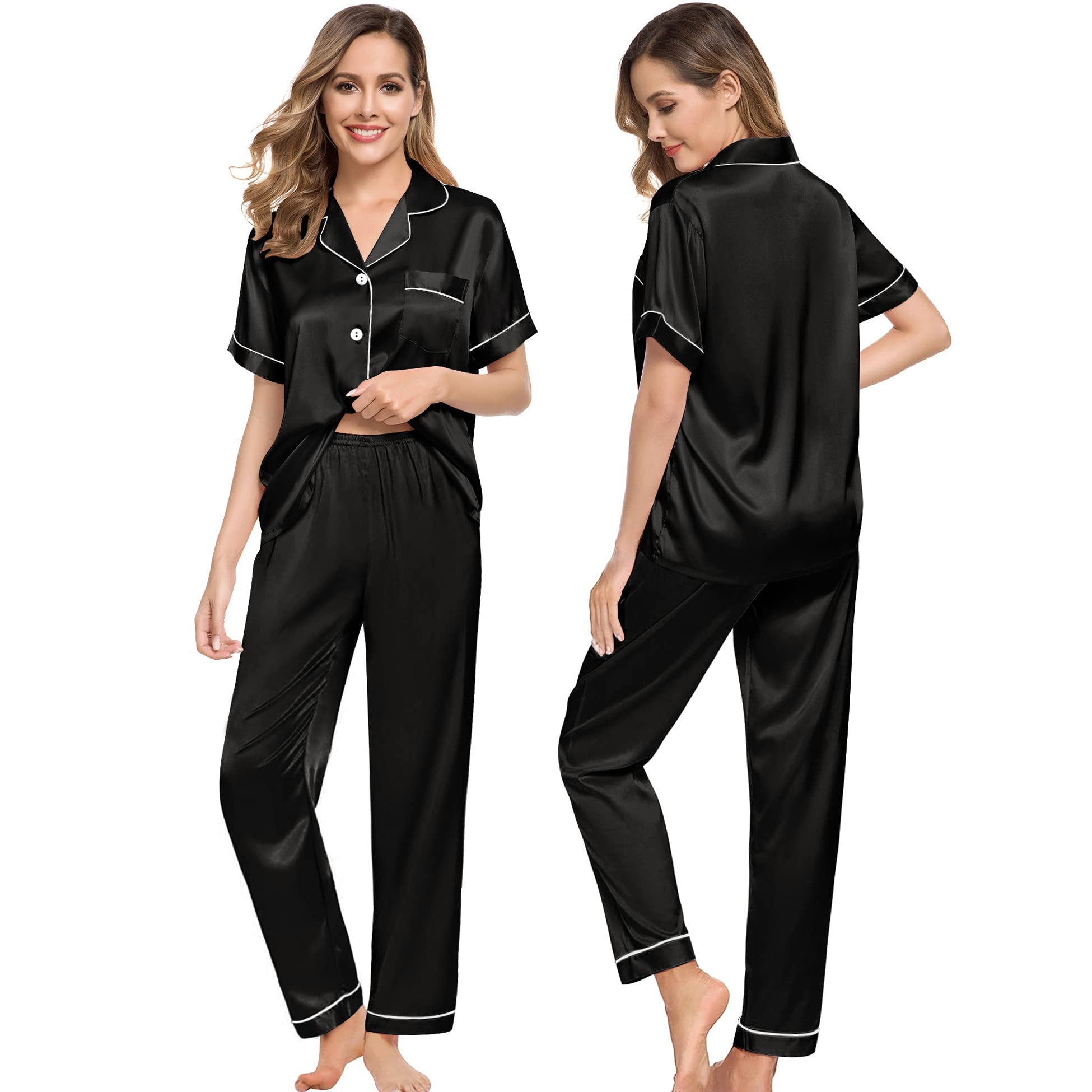 Silk Pajama Set Short Sleeve Silk Pajamas 4pcs For Mens & Womens Black XS