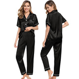Silk Pajama Set Short Sleeve Silk Pajamas 4pcs For Mens & Womens Black XS