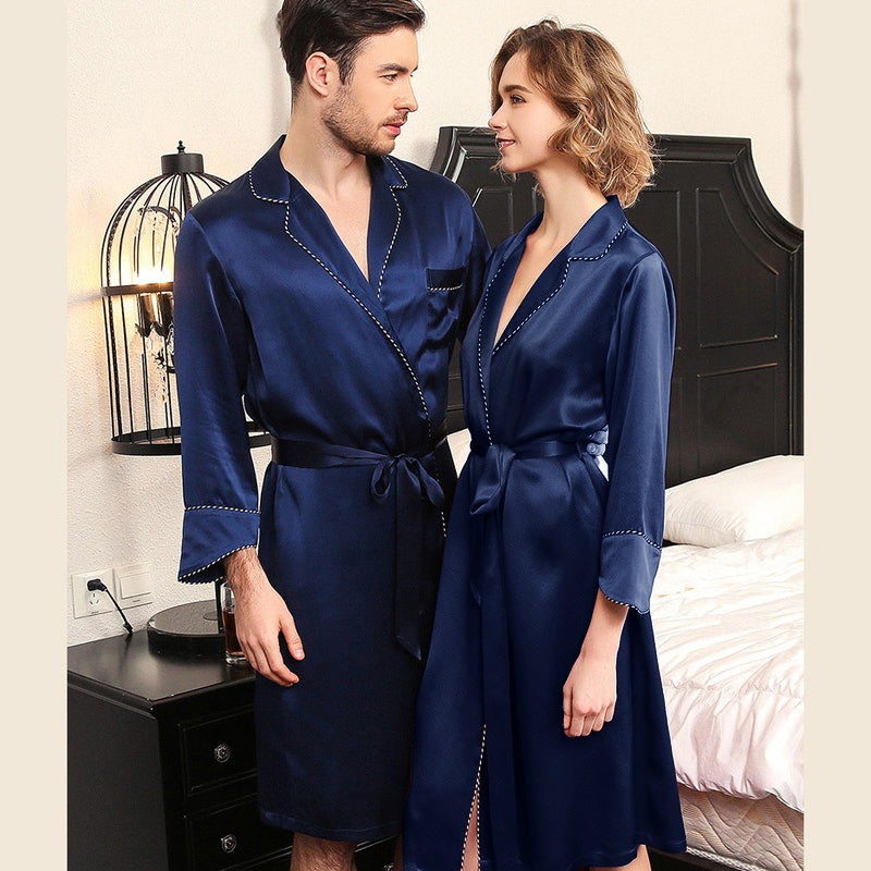 Matching Silk Robe Contrast Piping Silk Robes for Women and Men Navy Blue XS