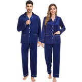 Matching Silk Pajamas Sets Long Pure Couples Silk Pajamas Navy Blue XS