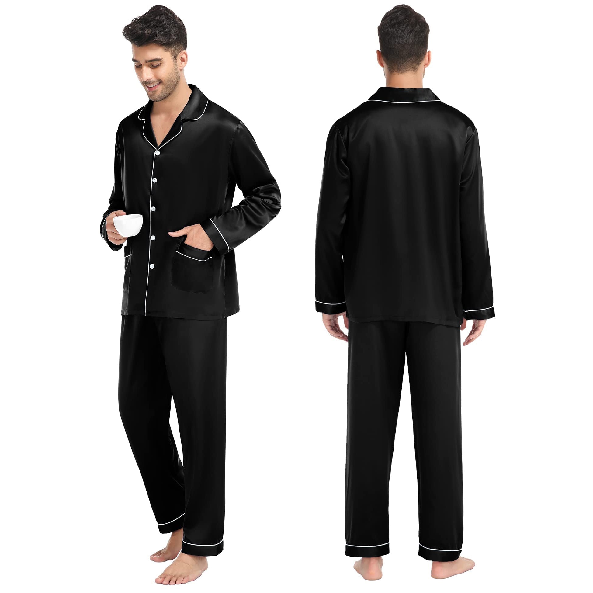 Matching Silk Pajamas Sets Long Pure Couples Silk Pajamas Black XS