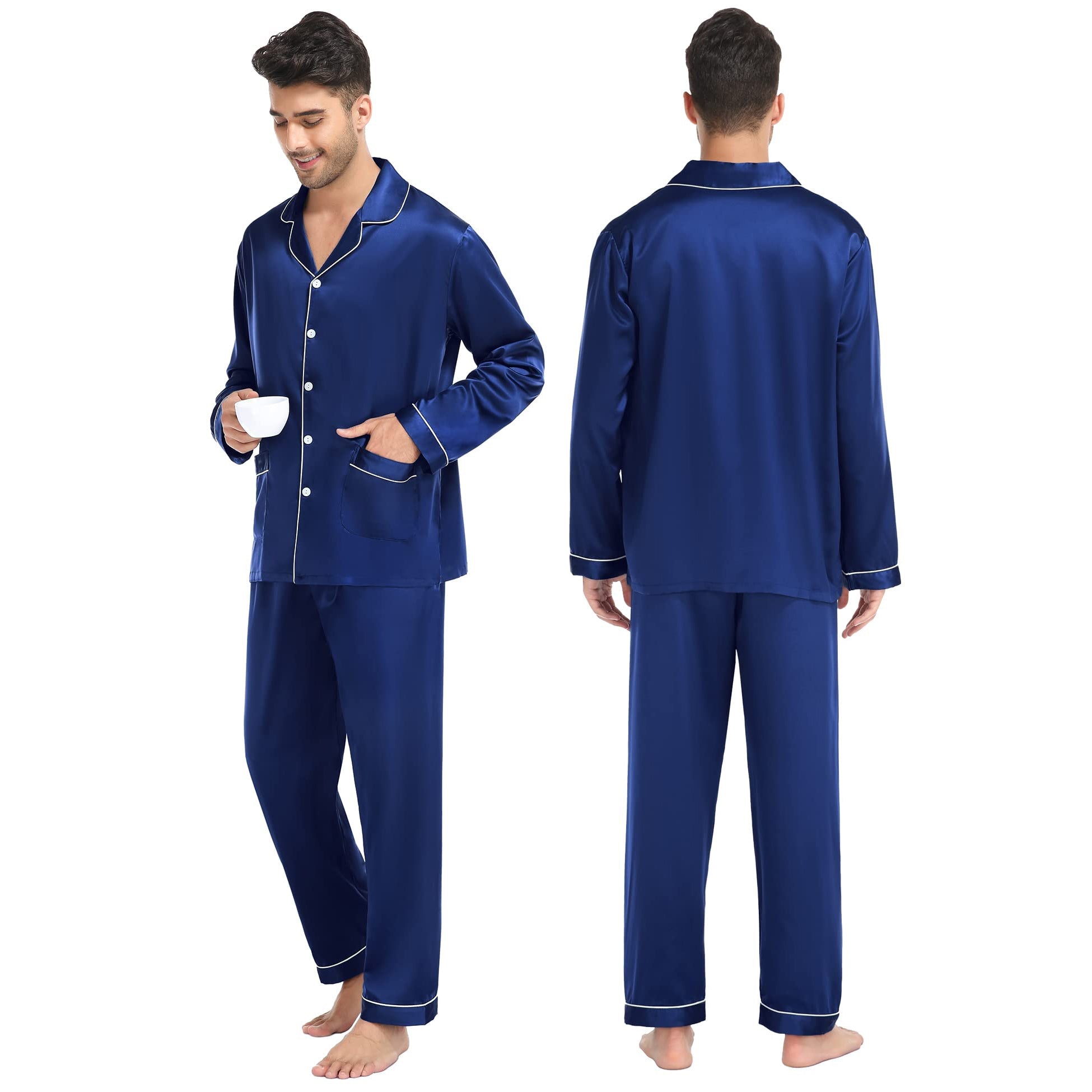 Matching Silk Pajamas Sets Long Pure Couples Silk Pajamas Navy Blue XS