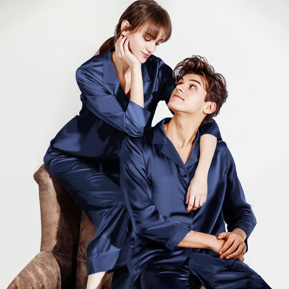 Couples Silk Sleepwear 100% Silk Matching Pajama Set Navy Blue XS
