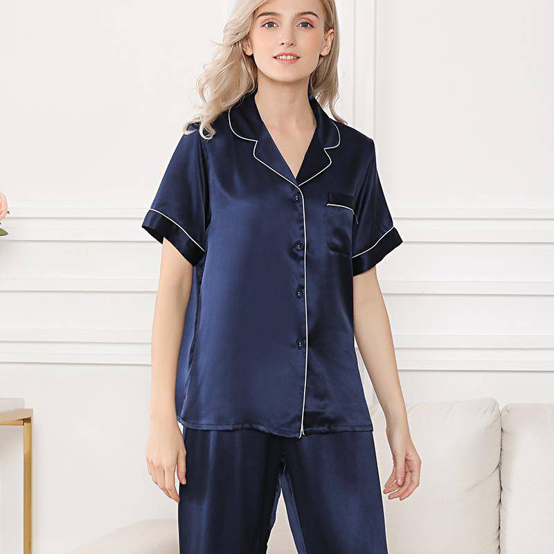 Silk Matching Pajamas Set Short Sleeve 100% Silk Pajamas Navy Blue XS