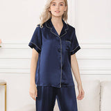 Silk Matching Pajamas Set Short Sleeve 100% Silk Pajamas Navy Blue XS