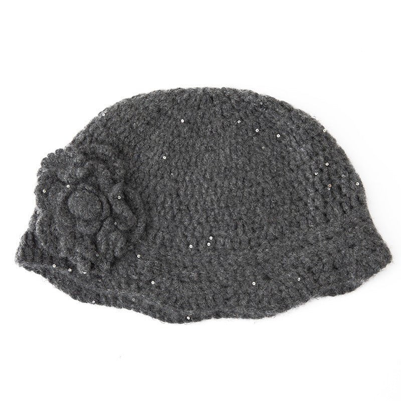 Crochet Knit Cashmere Hat with Sequins Flower Cashmere Blend Beanie Grey M