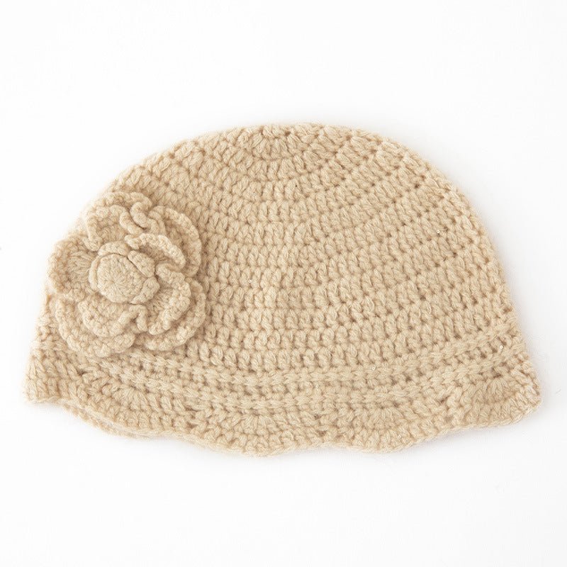 Crochet Knit Cashmere Hat with Sequins Flower Cashmere Blend Beanie Beige M