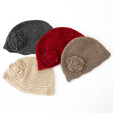 Crochet Knit Cashmere Hat with Sequins Flower Cashmere Blend Beanie Grey M