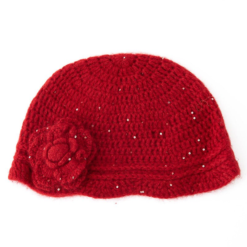 Crochet Knit Cashmere Hat with Sequins Flower Cashmere Blend Beanie Red M
