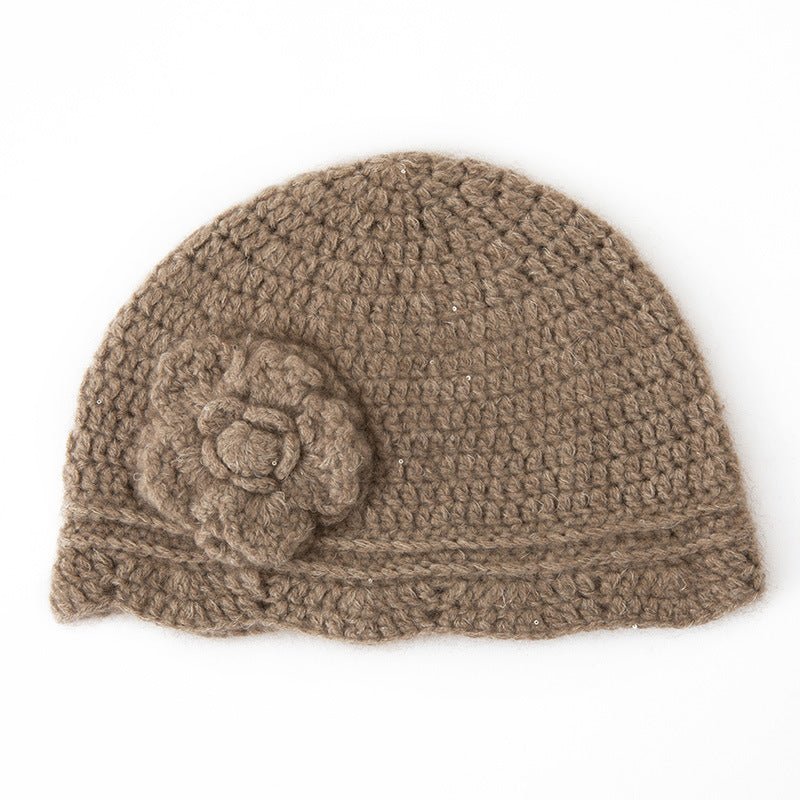 Crochet Knit Cashmere Hat with Sequins Flower Cashmere Blend Beanie Taupe M
