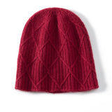 Diamond Cashmere Beanie Textured Cashmere Knit Hat for Men and Women Claret M