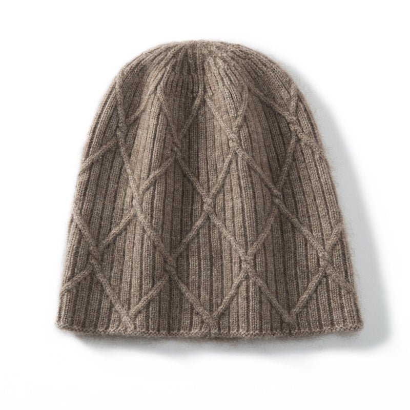 Diamond Cashmere Beanie Textured Cashmere Knit Hat for Men and Women Taupe M