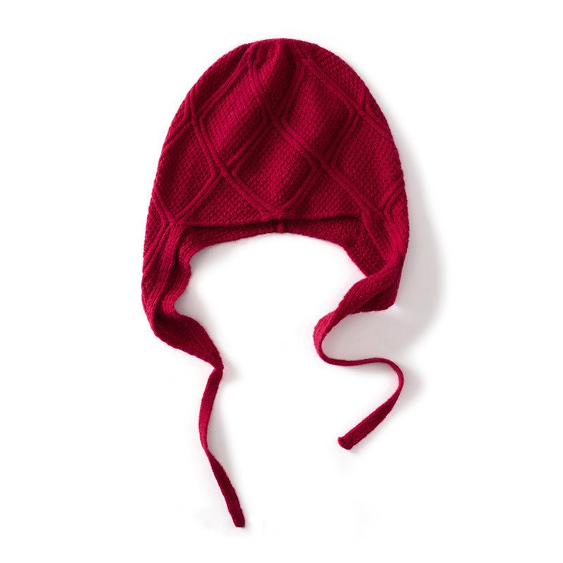 Diamond Knit Pure Cashmere Beanie Cashmere Bonnet Hat with Ties Claret M