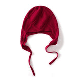 Diamond Knit Pure Cashmere Beanie Cashmere Bonnet Hat with Ties Claret M