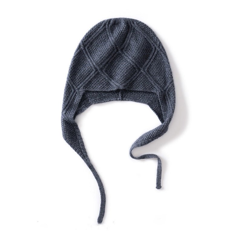 Diamond Knit Pure Cashmere Beanie Cashmere Bonnet Hat with Ties Grey M