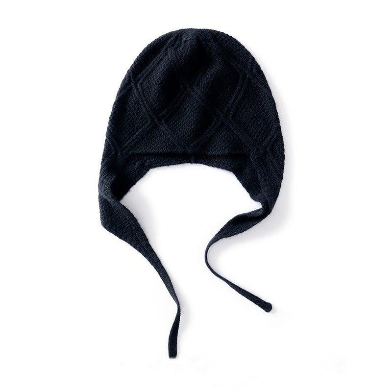 Diamond Knit Pure Cashmere Beanie Cashmere Bonnet Hat with Ties Black M