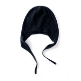 Diamond Knit Pure Cashmere Beanie Cashmere Bonnet Hat with Ties Black M